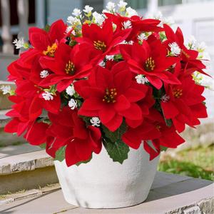 ZYZEV 14'' Artificial Poinsettias Flowers for Outdoor,12 Bunches Mixed Fake Red Flowers Faux Eucalyptus Plants UV-Resistant for Home Garden Porch Christmas Winter Spring Outdoor Indoor Decor