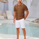 LETSEE Linen Shirts for Men Short Sleeve Blouse Button Down Dress Untuckit Shirts Beach Summer Wedding Hawaiian Outfit (Brown, M)