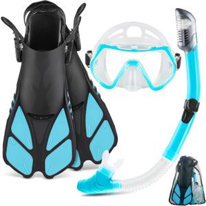 ZEEPORTE Mask Fin Snorkel Set, Travel Size Snorkeling Gear for Adults with Panoramic View Anti-Fog Mask, Trek Fins, Dry Top Snorkel and Gear Bag for Swimming Training, Snorkeling Kit Diving Packages (Blue)