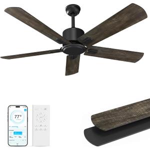 Obabala 52 Inch Ceiling Fan No Light, Modern Black Ceiling Fan Without Light with Remote & APP, Quiet Reversible DC Motor, 6-Speeds, for Living Room, Bedroom, Patio (Black+Brown)