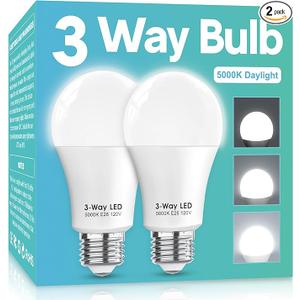 3 Way LED Light Bulbs 50 100 150W Equivalent, Daylight White 2000K , A19 Three Way Light Bulbs,E26 Base 3-Way Light Bulbs for Reading,Living Room-2 Pack