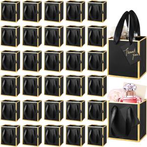 Yeaqee 50 Pcs Mini Metallic Paper Gift Bags with Handles 4x2.75x4.5'' Tiny Small Gift Bags with Thank You Tag for Wedding Favor Father's Day Graduation Birthday Welcome Return Gifts(Black, Gold)