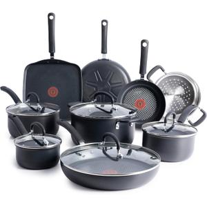 T-fal Ultimate Hard Anodized Nonstick Pots and Pans Set 14 Piece, Oven Broiler Safe 400F, Kitchen Cooking Set w/Fry Pans, Saucepans, Griddle, Dutch Oven, Dishwasher Safe, Cookware, Onyx