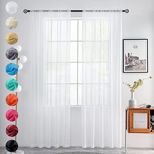 youleyar Solid Sheer Rod Pocket Curtain Voile Draperies 2 Panels White Beige Black Grey Coffee 38 Inch Width 63 Inch Long 1 Pair for Kitchen Bedroom Children Living Room Yard(White,38Wｘ63L)