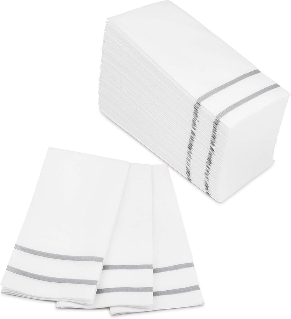 Fete Disposable Hand Towels for Bathroom, Silver Design 100 Linen-Feel Guest Towels Formal Dinner, Anniversary, and Wedding Napkins for Tables, Guestrooms, and Restrooms - 8.5x 4-Inches Folded, (Silver 2 Lines)