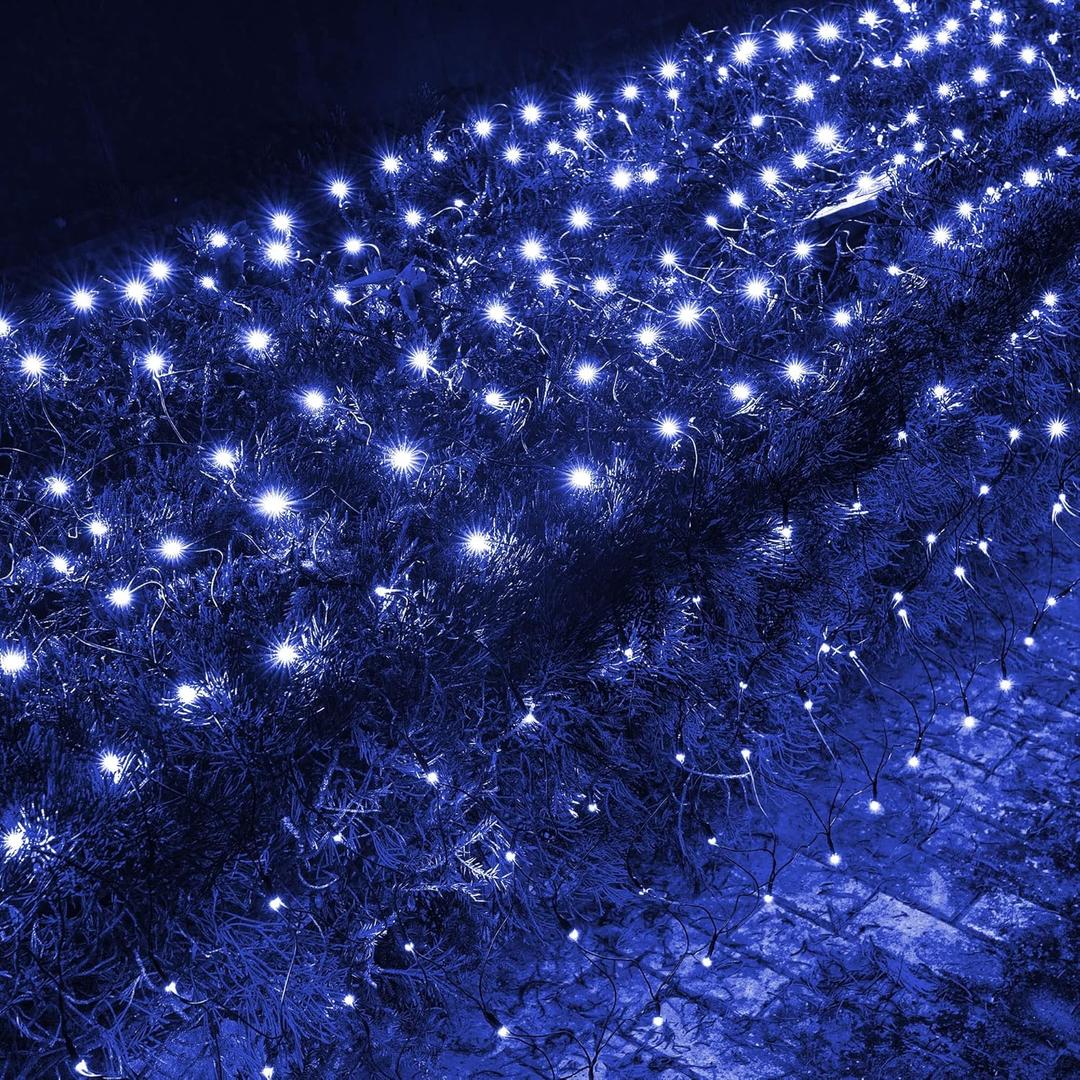 Dazzle Bright Christmas Net Lights, 360 LED 12FT x 5 FT Green Wire Waterproof Connectable String Lights with 8 Modes, Christmas Outdoor Light for Bushes Garden Party Wedding Holiday Decoration (Blue)