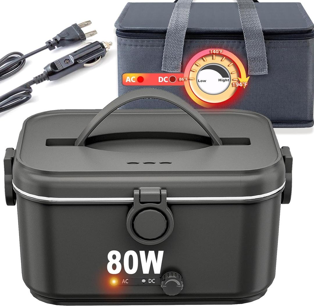 Electric Lunch Box for Adults with Temperature Adjustment 80W Heated Lunch Boxes for Men with 1.8L Stainless Steel Container Electric Lunchbox for Work/Car/Truck-110V/12V/24V(Black)