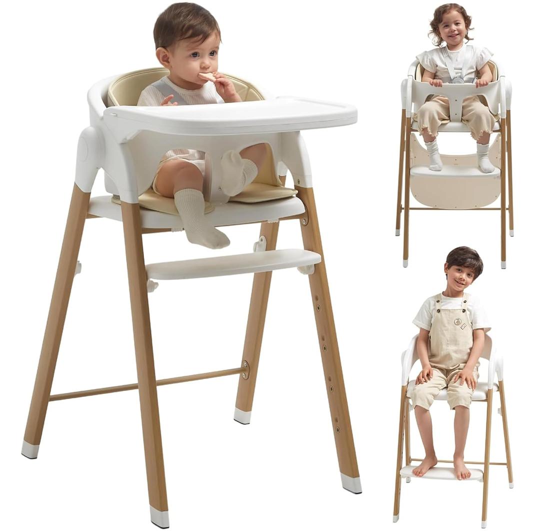 KUB High Chair for Babies and Toddlers Adjustable Foldable Convertible 5 Point Harness Easy Clean Wood-Printed Metal with Removable Tray Baby Highchair for Family (White&Natural Wood-Printed Metal)