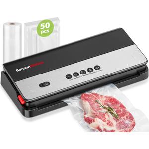 Bonsenkitchen Vacuum Sealer Machine, Multi-Functional Food Sealer, Built-in Cutter & Bag Storage, Globefish Technology for High-Speed Continuous Working, Include 50 Vacuum Bags & 1 Roll Bag, Black (50 Bags)