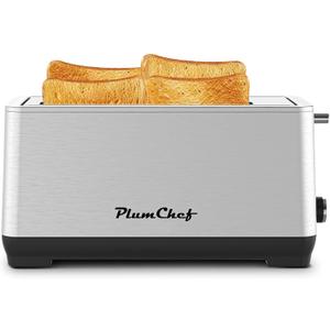 Plum chef 4-Slice Toaster, Extra Wide Long SIot Toaster, 6 Browning Settings, Bagel/Defrost/Reheat Functions, Removable Crumb Tray, Stainless Steel Housing 135oW (Stainless Steel)