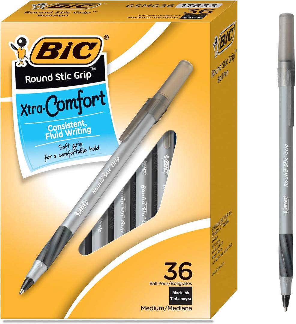 BIC Round Stic Grip Xtra Comfort Ballpoint Pens, Medium Point (1.2mm), Black, Soft Grip For Added Comfort And Control, 36-Count Pack (GSMG361-BLK) (Pack of 18, 648 Count Total)