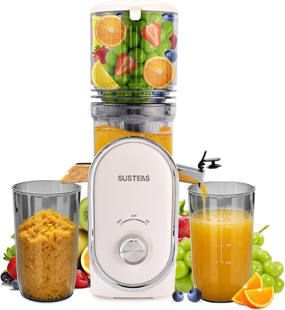 SUSTEAS Cold Press Juicer, 5.3" Feed Chute Slow Masticating Machines with 300W, Fit Whole Fruits & Vegetables, High Juice Yield, Easy to Clean, White