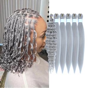 Silver Gray Braiding Hair Pre Stretched for Boho Braids 6 Packs/Lot 16in Curly Deep Wave Bohemian Braiding Hair Ez Braid Synthetic Knotless Extensions Hairs (#Silver Gray)