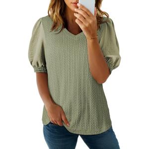 SHEWIN Women's Summer Tops V Neck Casual Puff Short Sleeve Textured T Shirts Blouses (X-Large, Fern Green)