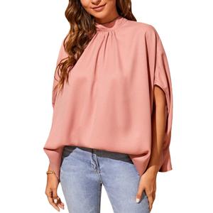 Verdusa Women's Knot Back Batwing Sleeve Mock Neck Shirts Blouse Top Coral Pink L (Pink)