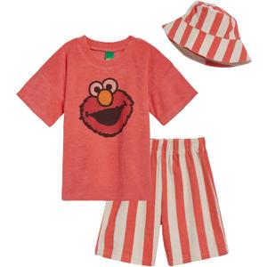 Sesame Street Elmo T-Shirt Shorts and Hat 3 Piece Outfit Set Infant to Toddler, 4T