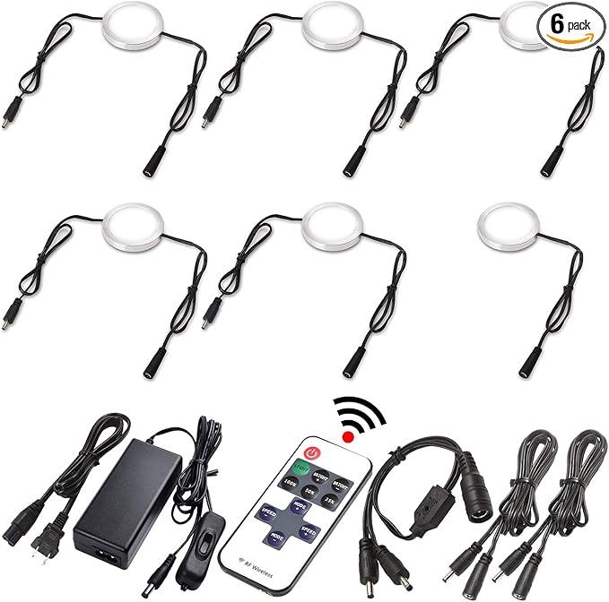 Under Cabinet LED Puck Lights, Display Cases Lighting, Daisy Chained Linkable, 120V Direct Hard Wired & Plug-in Adapter, Dual Split, RF Remote Dimmable, Black Cord, Daylight, 6 Lights