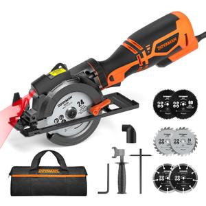 Circular Saw, 5.8A 4-1/2" Circular Saw w/Laser, Metal Auxiliary Handle, 6 Blades (4", 4"), Cutting Depth 1-11/16" (90), 1-1/8" (45), Ideal for Wood, Soft Metal, Plastic, Tile - MCS01A (w/Contractor Bag)