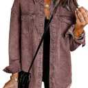 Vetinee Womens Oversized Button Up Frayed Hem Shacket Long Sleeve Pockets Denim Jean Jacket (Medium, Brown Stone)