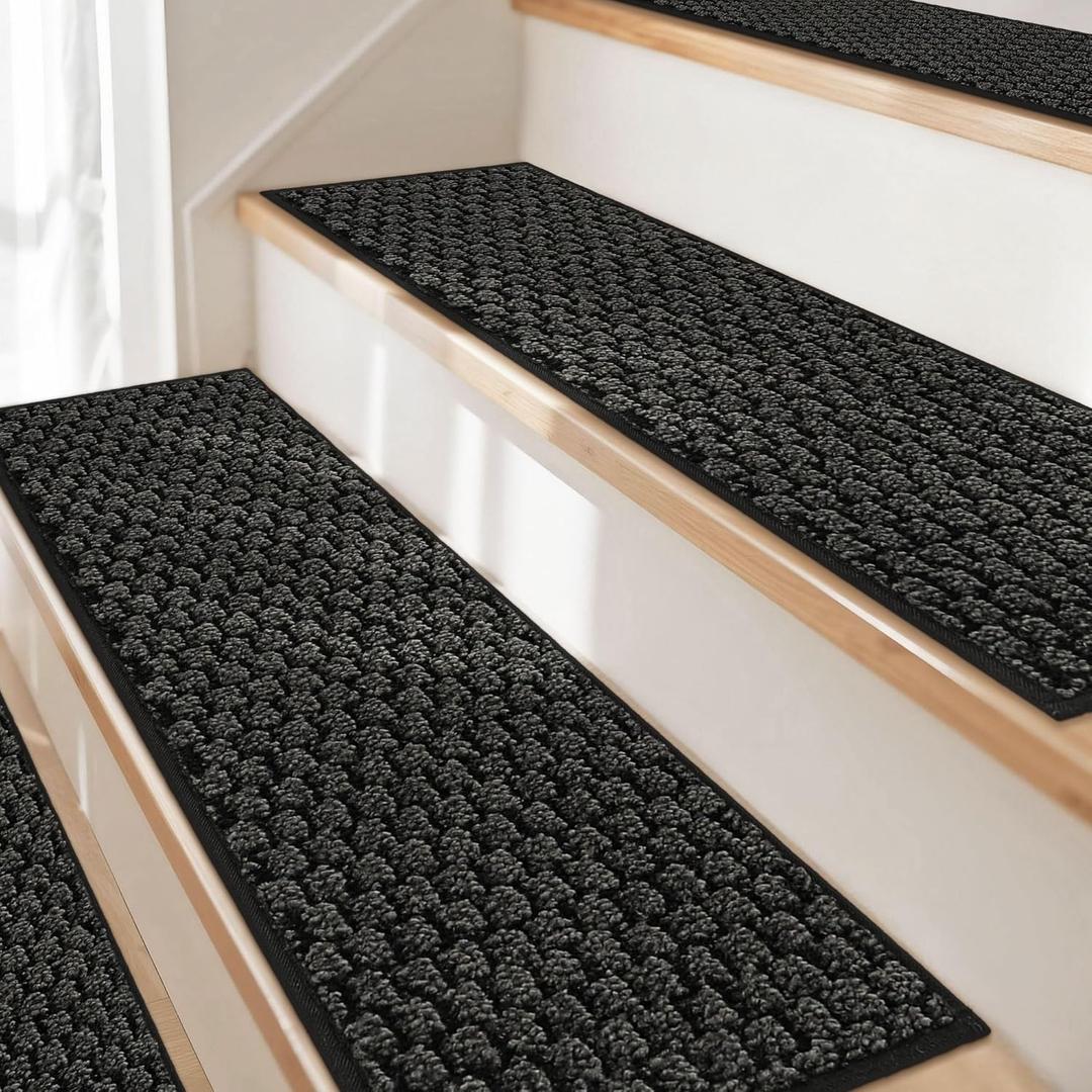 JSEI Stair Treads for Wooden Steps, 14 Pack 9" X 28" Non-Slip Machine Washable Carpet Stair Treads with TPE Backing, Soft Indoor Stair Rug Runner for Kids Elders & Pets, 100% Polyester, Dark Grey