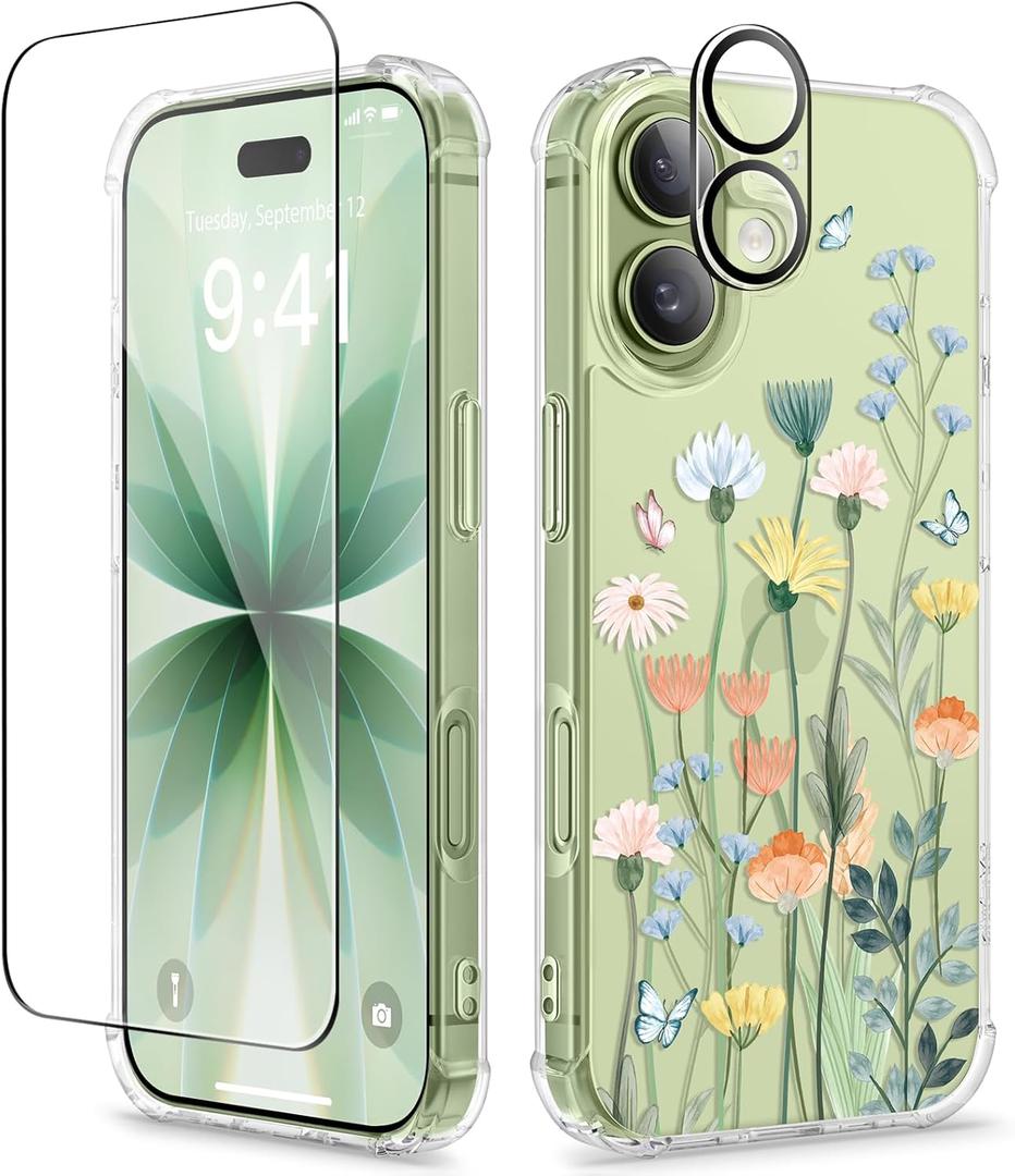 GVIEWIN for iPhone 17 Case, with Screen Protector+Camera Lens Protector, [NonYellowing] Clear Floral Slim Shockproof Protective Hard PC Back Women Phone Case for iPhone 17 6.3", Bloomtrail/Colorful