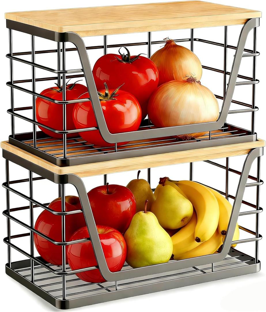 2 Pack Storage Stackable Kitchen Laundry Organizers, Wall Mount Large Trash Bag Holder with Bamboo Top, Standard Garbage Bag Dispenser, No Drill Required