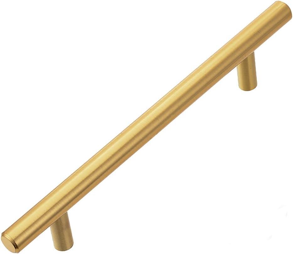 701-128BB Brushed Brass Modern Gold Cabinet Pulls Long Solid Euro Style T Bar Kitchen Cabinet Handles- 5 inch (128mm) Hole Centers- 25 Pack