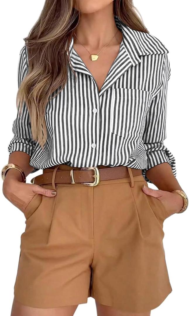 siliteelon Striped Button Down Shirts for Women Dress Shirts Long Sleeve Casual Collared Office Work Shirt with Pocket (Small, Black)