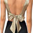OYOANGLE Women's Metallic Bow Knot Tie Back Tank Top Party Sleeveless Crew Neck Crop Tops Champagne, Size: Small