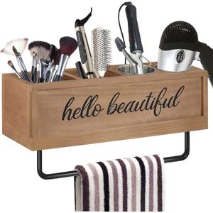 Anwelynd Rustic Hair Dryer Holder Wall Mounted, Hair Tools and Styling Organizer with Towel Bar, Farmhouse Beauty Hair Appliance Holder for Flat Iron, Curling Wand, Towel Rack