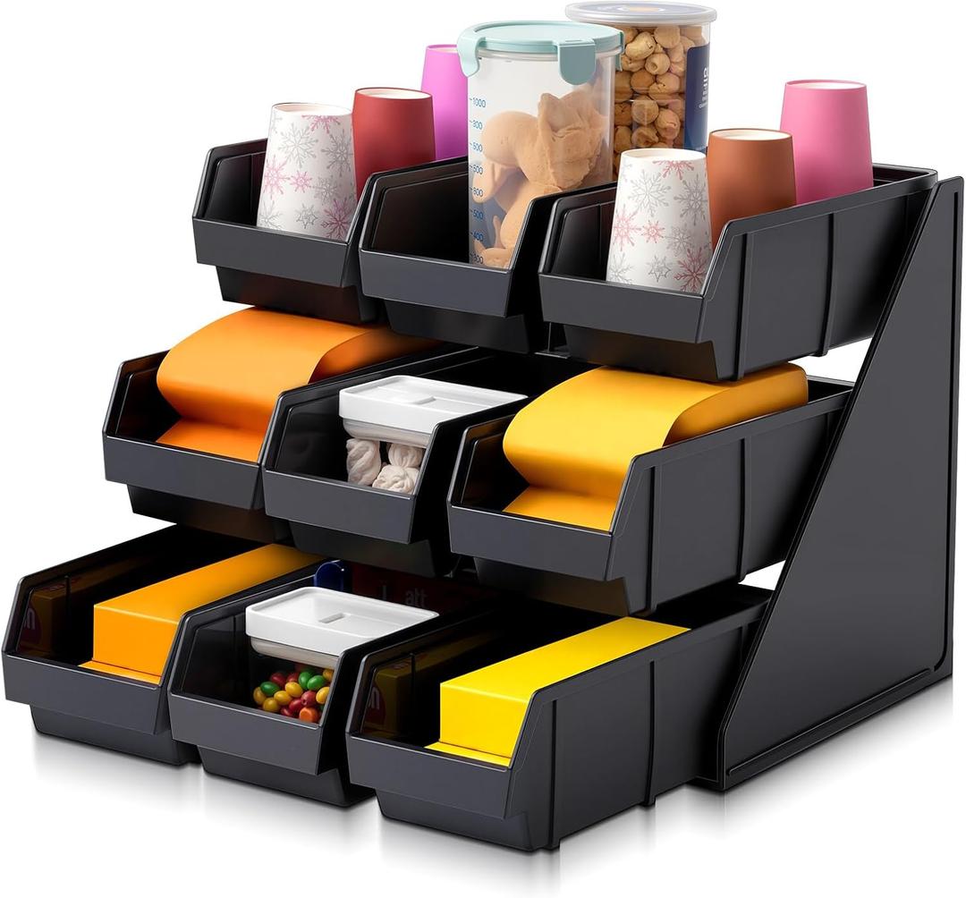 Novabright 9 Compartment Serve Condiment Bin Self Serve Condiment Packet Organizer Stand Countertop Plastic Containers Storage Display Rack for Coffee Shops Restaurants Bars(9 Bin)
