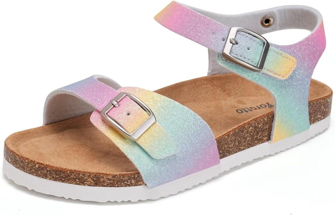 Torotto Toddler Kids Sandals Boys Girls Cork Footbed Sandals with Adjustable Buckle Casual Slides Open Toes Flat (11 Little Kid, Lhj396/Rainbow)