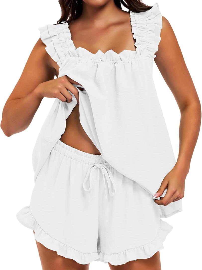 SIMIYA Pajama for Women Set 2 Piece Ruffle Pj Soft Tank Top and Shorts Bridal Pajamas Lightweight Summer Cute Sleepwear Shirt, Large 