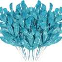16 PCS Christmas Artificial Glitter Leaves, Blue Glitter Christmas Leaves Picks for Centerpieces, Xmas Tree Ornaments for Vase Garland Wreath Wedding Bouquet Table Home Garden Dcor