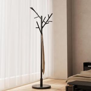 Muwuele Coat Rack, Solid Wood Coat Rack Freestanding with 12 Hooks, Coat tree freestanding 3 Adjustable Heights for coat, Hats, Handbags， Coat Stand for Entryway, Bedroom (Black)