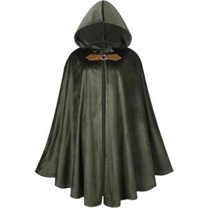 GRAJTCIN Renaissance Hooded Cape Velvet Cloak Victorian Capelet Medieval Hobbit Halloween Costume (100 CM/39 inch, Green)