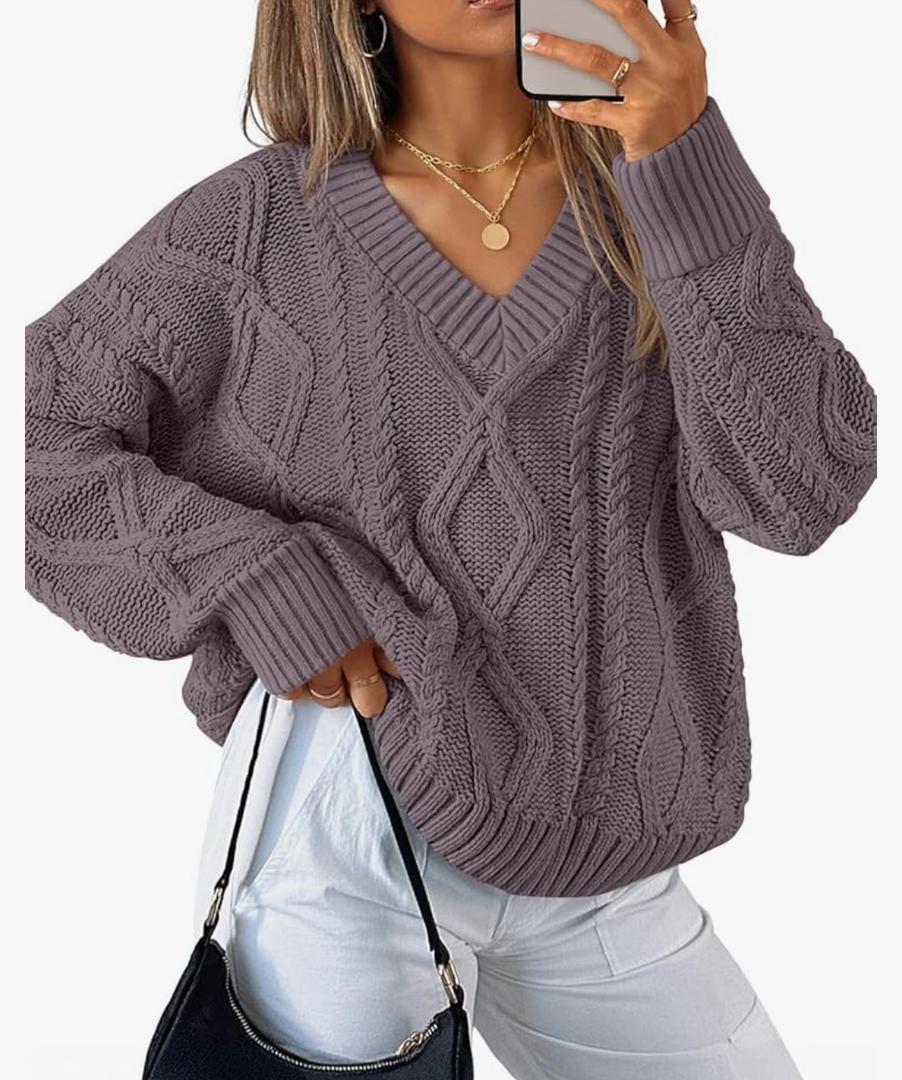 ZESICA Women's Fall Oversized Sweaters 2025 Casual Long Sleeve V Neck Cable Knit Trendy Pullover Tops, M