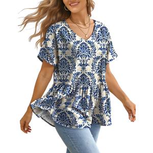 YESNO Women's Summer Tops Casual V Neck Babydoll Blouses Floral Short Sleeve Peplum Shirts TH2 (L)