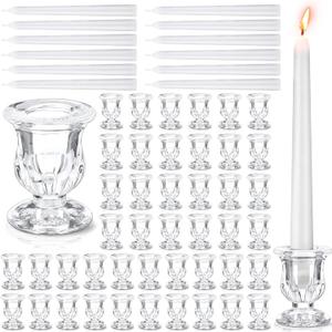 144 Pcs Glass Candlestick Holders Bulk Taper Candle Holders Decor 2.5 Inch with Long Tapered Candles for Table Centerpiece Wedding Holiday Party Decoration