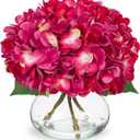 Hollyone Hydrangea Artificial Flowers with Glass Vase Fuchsia Silk Faux Flowers Arrangements in Vase with Faux Water Fake Floral Bulk Bouquet for Home Decor Table Centerpiece Decorations