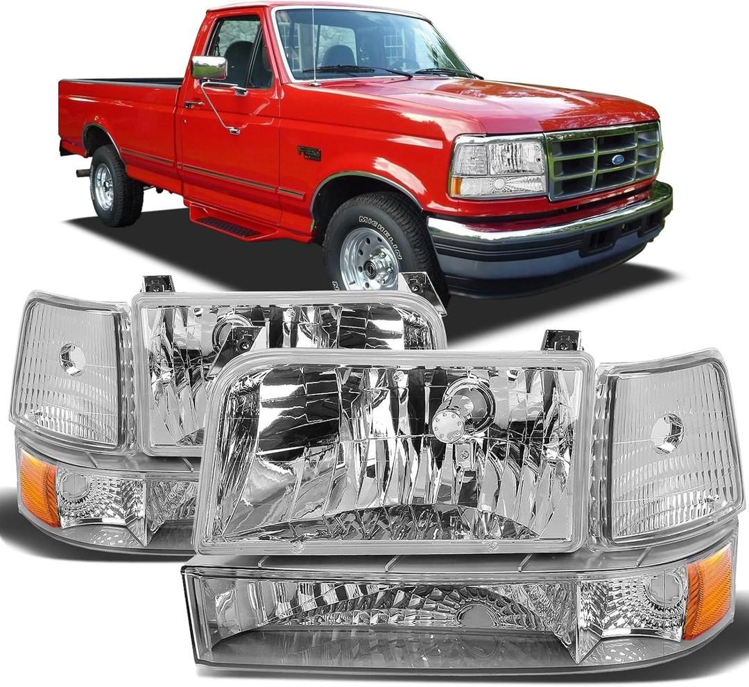 Headlights Assembly Compatible with Ford Bronco F150 F250 F350 Super Duty 1992-1996 Headlights Pickup Headlamps w/Bumper Lights and Corner Lights, Chrome Housing Amber Reflector