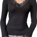 MakeMeChic Women's Floral Lace T Shirt V Neck Long Sleeve Fitted Going Out Tee Tops (Black, XL)