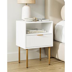 Nightstand, Modern Bedside Table with 1Drawer and Open Shelf,White Night Stand with Gold Metal Frame, Small Side Table for Bedroom, Living Room, Slim Spaces