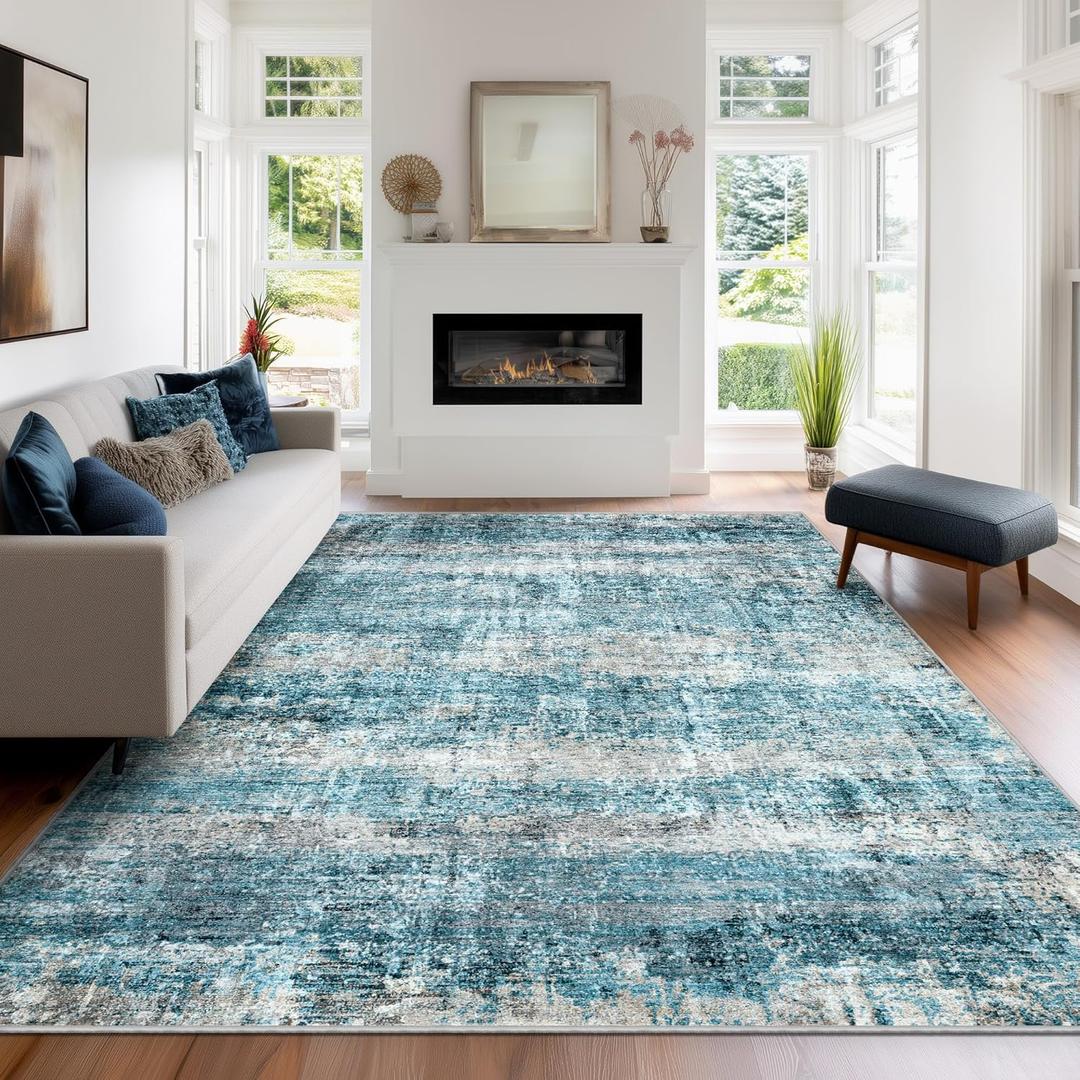 LEPEII 5x7 Area Rugs, Abstract Rugs for Living Room, Indoor Non-Slip Washable Rug for Bedroom, Dining Room, Low Pile Home Decor Neutral Area Rug-Blue