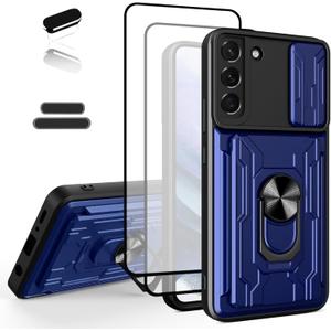 Wallet Case for Samsung Galaxy S22 6.1 Inch, Credit Card Driver's License Slot Sliding Door Hides Portable Design, Double Layer Hybrid Military Grade Rugged Shock Resistant Drop Case (Blue)
