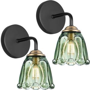 Vintage Hardwired Wall Sconce Set of Two, Small Black and Gold Sconces Wall Lighting with Green Glass, Sconces Wall Decor Set of 2, Brass Bathroom Light, G9 Bulbs Wall Light for Mirror, Bedroom