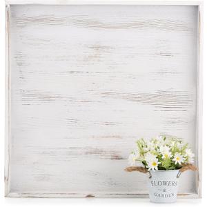 Hanobe Square Large Ottoman Tray: Extra Large Serving Trays with Handles Rustic Wood Whitewash Decorative Coffee Table - Farmhouse Home Decor for Living Room Kitchen Counter 22" x 22"