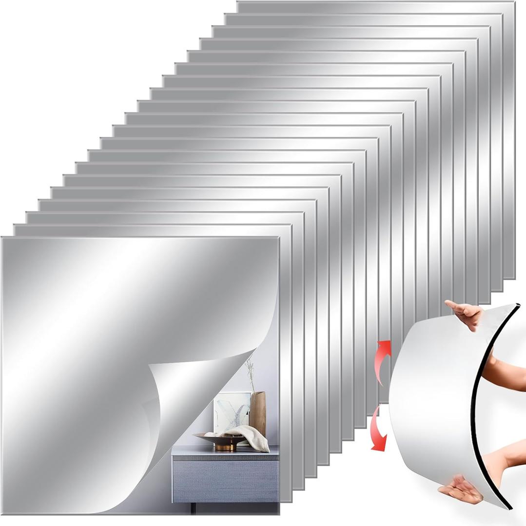 8" x 6" Acrylic Flexible Mirror Sheets, 10 Pack Self Adhesive Mirror Tiles Square Cuttable Mirror Wall Stickers, Non-Glass Mirror Stickers Safety Reflective Mirror for DIY Craft Home Wall Decor