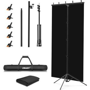 EMART Black Photo Backdrop with Stand Kit 10x5ft, Photography Black Background Screen with Portable T-Shape Support and 5 Clamps for Video Recording, Meetings, Self Tape, 5x10ft
