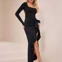 GLNEGE Women Long Sleeve Backless Bodycon Formal Maxi Dress Square Neck Ruffle Slit Wedding Guest Cocktail Dresses Fall Black (L)